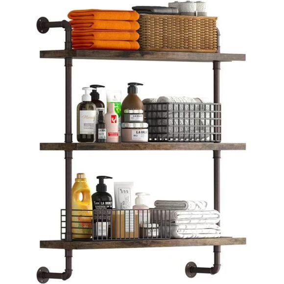 3 Tier Industrial Pipe Shelf Rustic Wood Floating Shelves, (24inch)